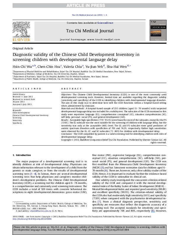 (PDF) Diagnostic validity of the Chinese Child Development Inventory in ...