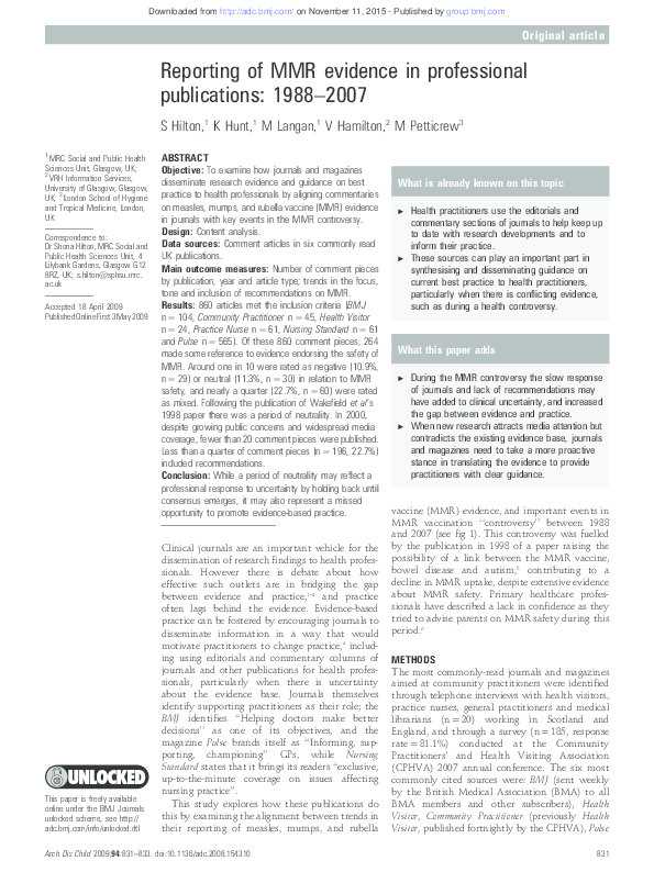 (PDF) Reporting of MMR evidence in professional publications: 1988-2007