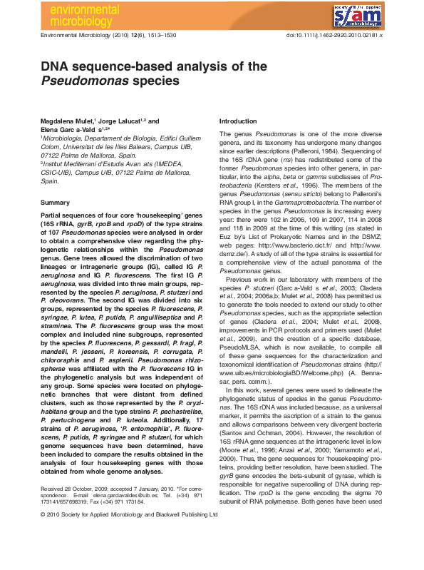 (PDF) DNA sequence-based analysis of the Pseudomonas species