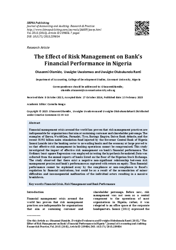 (PDF) The Effect of Risk Management on Bank's Financial Performance in ...