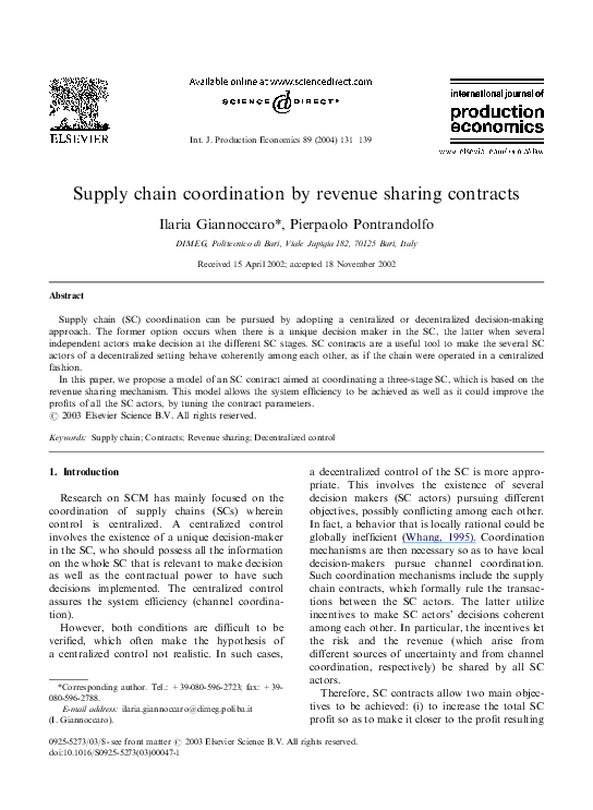 (PDF) Supply chain coordination by revenue sharing contracts Ilaria