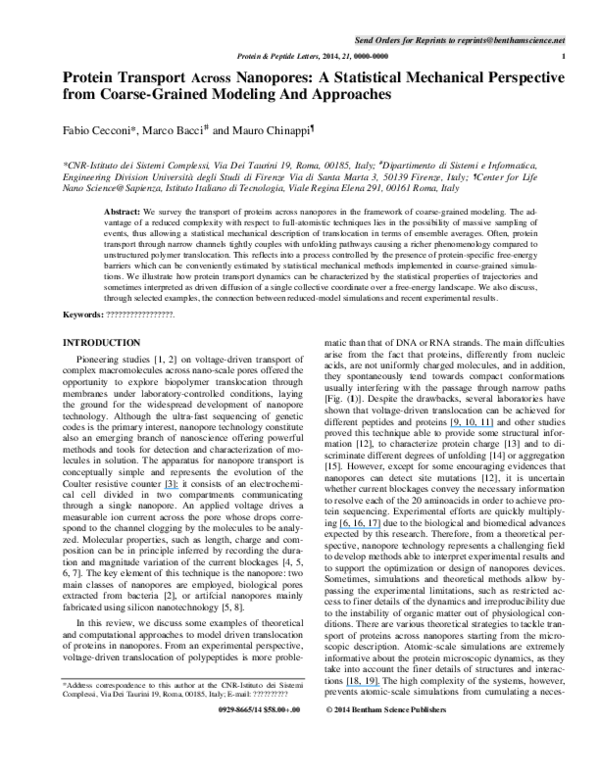 (PDF) Protein Transport Across Nanopores: A Statistical Mechanical ...