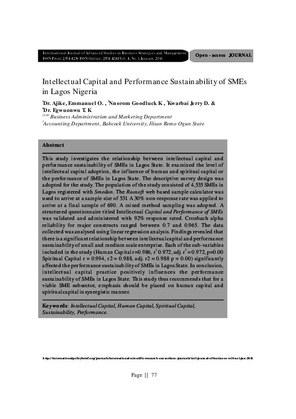 (PDF) Intellectual Capital and Performance Sustainability of SMEs in ...