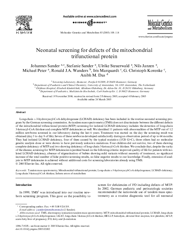 (PDF) Neonatal screening for defects of the mitochondrial trifunctional ...