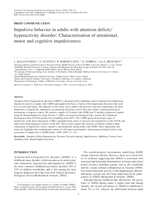 (PDF) Impulsive behavior in adults with attention deficit ...