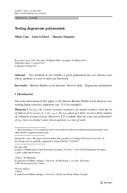 PDF) Testing degenerate polynomials