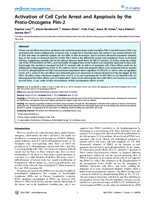 (PDF) Activation of cell cycle arrest and apoptosis by the proto ...