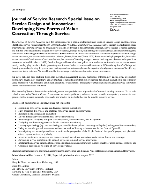 (PDF) Journal of Service Research Special Issue on Service Design and ...