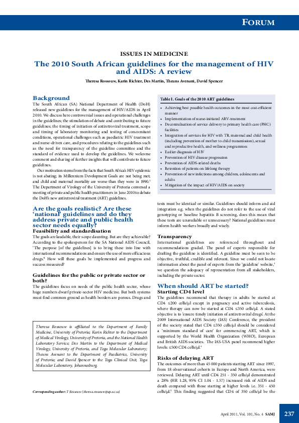 (PDF) The 2010 South African guidelines for the management of HIV and ...