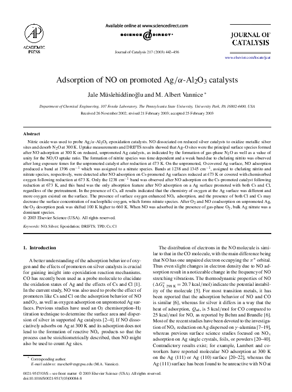 (PDF) Adsorption of NO on promoted Ag/α-Al2O3 catalysts