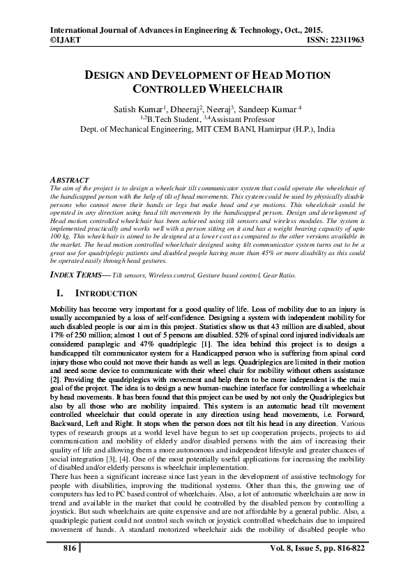 DESIGN AND DEVELOPMENT OF HEAD MOTION CONTROLLED WHEELCHAIR SANDEEP KUMAR Academia.edu