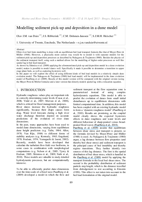 (PDF) Modelling sediment pick-up and deposition in a dune model