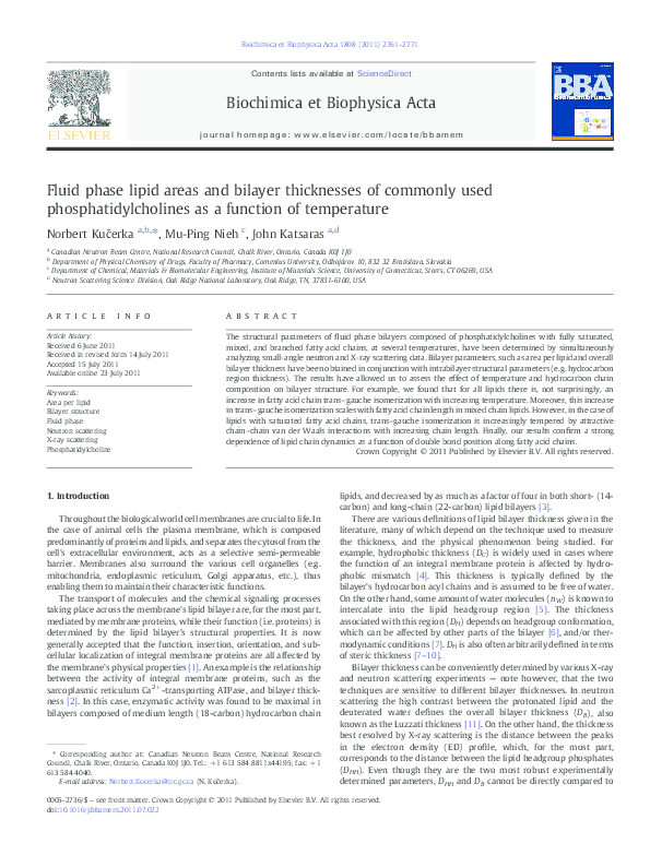 (PDF) Fluid phase lipid areas and bilayer thicknesses of commonly used ...