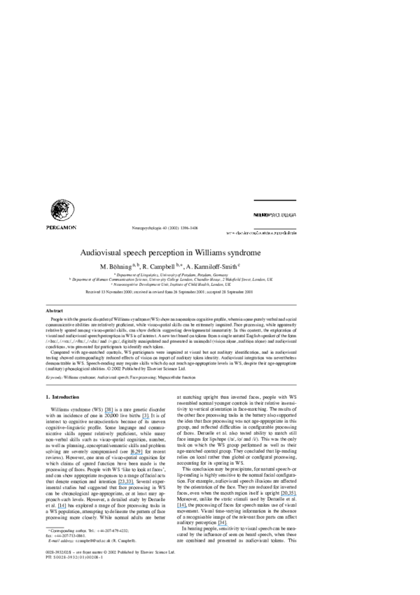 (PDF) Audiovisual speech perception in Williams syndrome | Ruth ...
