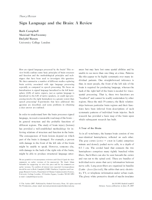 (PDF) Sign Language and the Brain: A Review