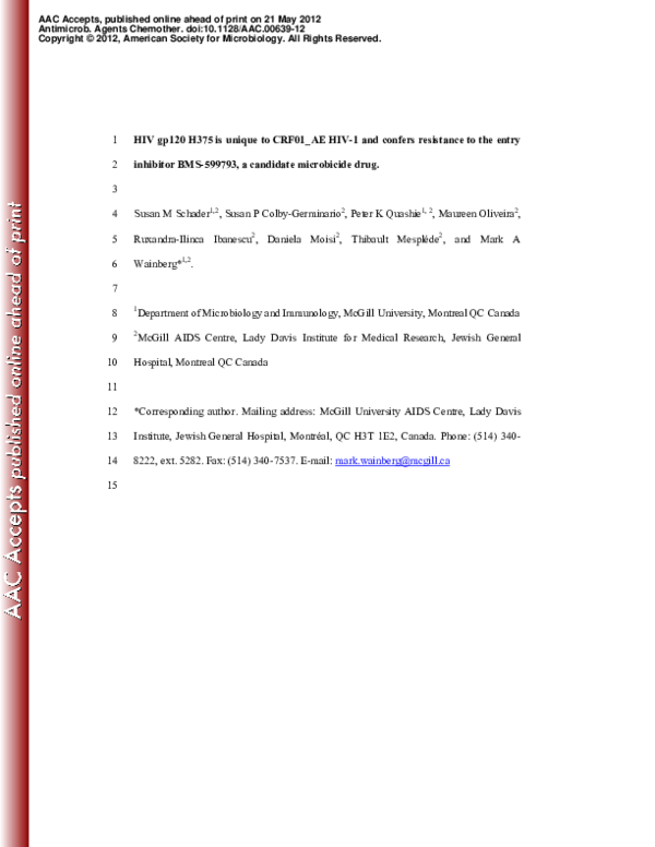 (PDF) HIV gp120 H375 Is Unique to HIV-1 Subtype CRF01_AE and Confers ...