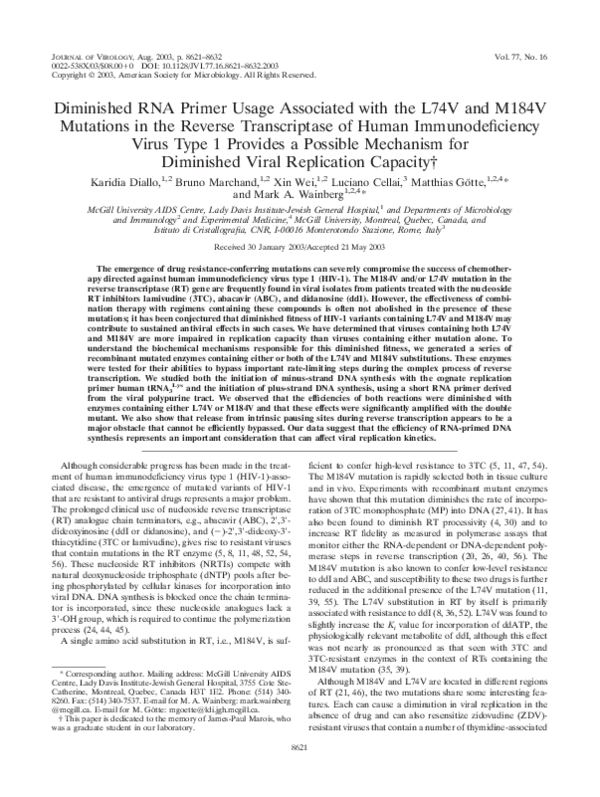 (PDF) Diminished RNA primer usage associated with the L74V and M184V ...