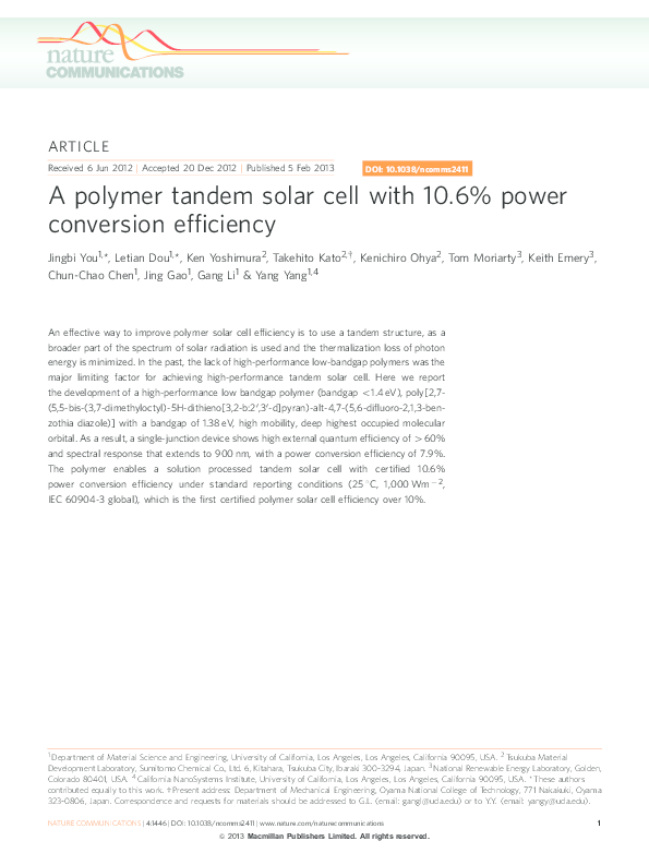(PDF) A polymer tandem solar cell with 10.6% power conversion efficiency