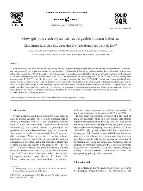 (PDF) New gel polyelectrolytes for rechargeable lithium batteries