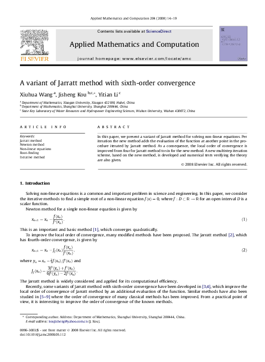 (PDF) A variant of Jarratt method with sixth-order convergence