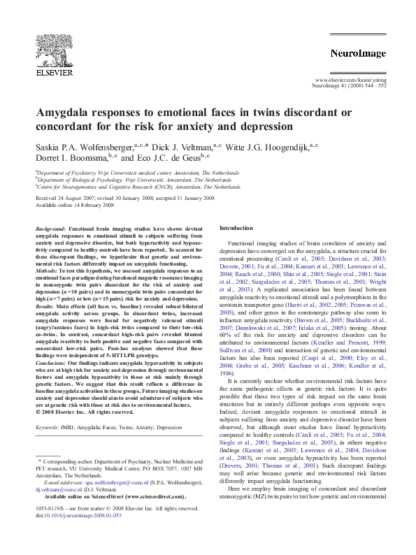 (PDF) Amygdala responses to emotional faces in twins discordant or ...