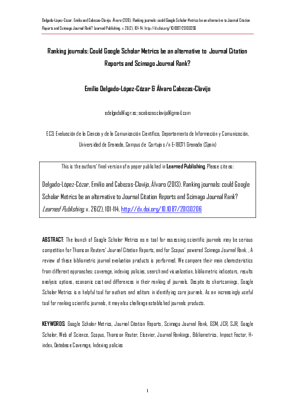 (PDF) Ranking journals could Google Scholar Metrics be an alternative