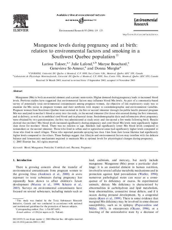 (PDF) Manganese levels during pregnancy and at birth relation to