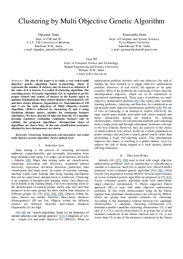 (PDF) Clustering by multi objective genetic algorithm