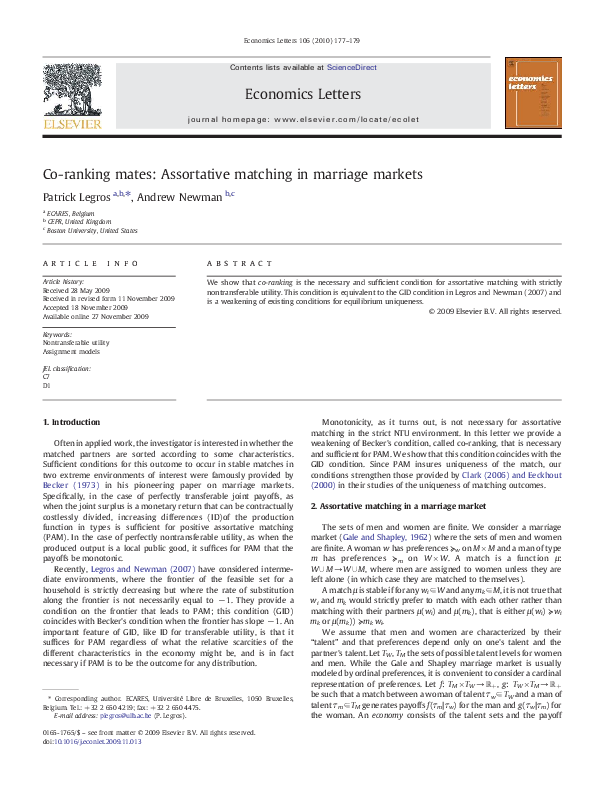 (PDF) Co-ranking mates: Assortative matching in marriage markets