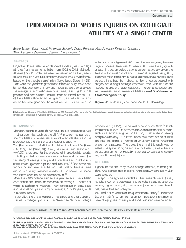 (PDF) Epidemiology of sports injuries on collegiate athletes at a ...
