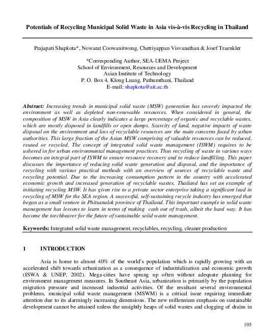 (PDF) Potentials of recycling municipal solid waste in Asia vis-a-vis ...