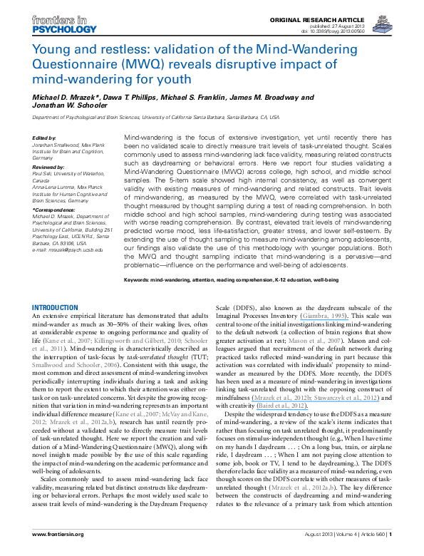 Study Wandering Pervasive Problem For >> Pdf Young And Restless Validation Of The Mind Wandering Study Wandering Pervasive Problem For >> Pdf Young And Restless Validation Of The Mind Wandering