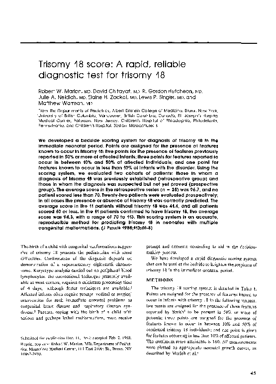 (PDF) Trisomy 18 score A rapid, reliable diagnostic test for trisomy
