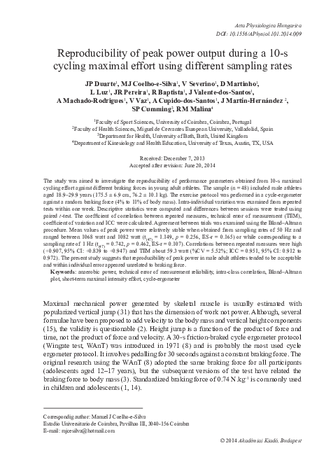 (PDF) Reproducibility of peak power output during a 10-s cycling ...