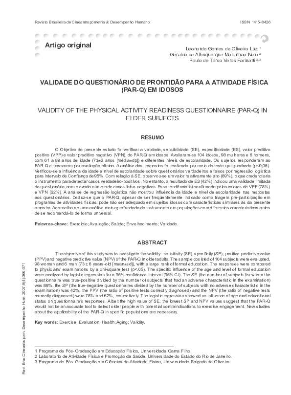 (PDF) Validity of the physical activity readiness questionnaire (par-q ...