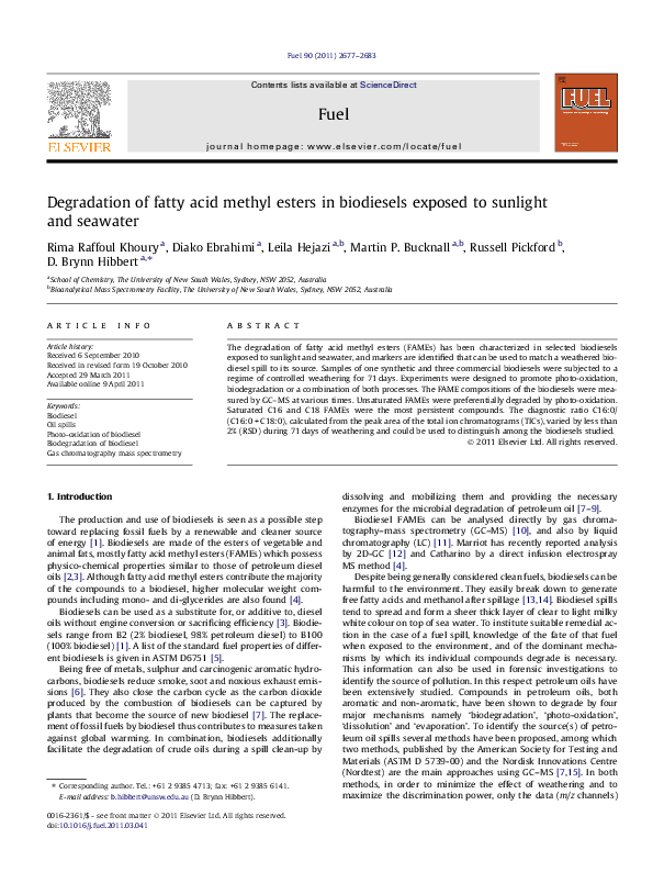 (PDF) Degradation of fatty acid methyl esters in biodiesels exposed to