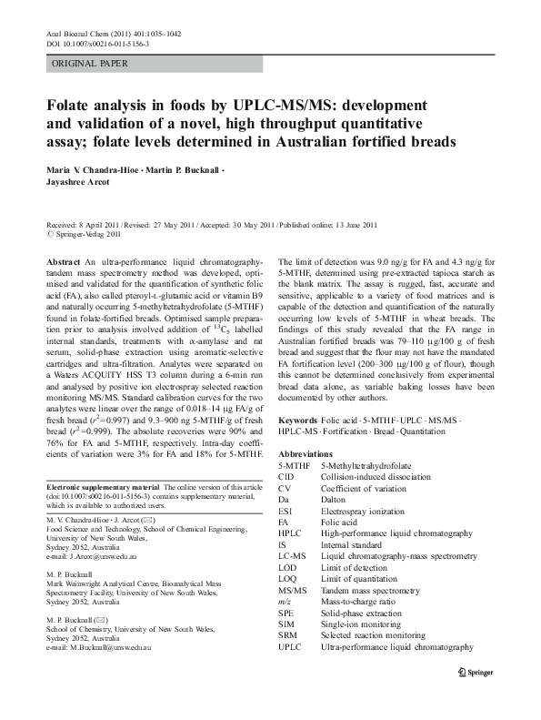 (PDF) Folate analysis in foods by UPLC-MS/MS: development and ...