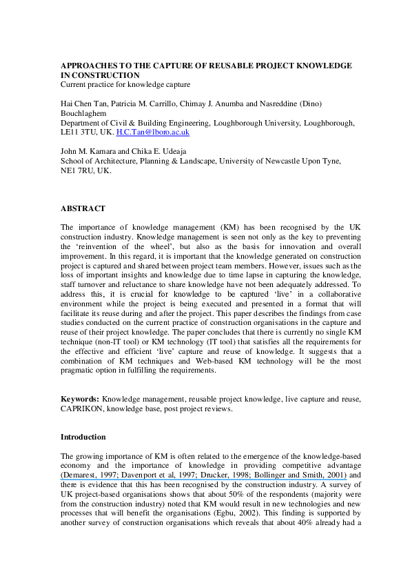 (PDF) Approaches to the capture of reusable project knowledge in ...