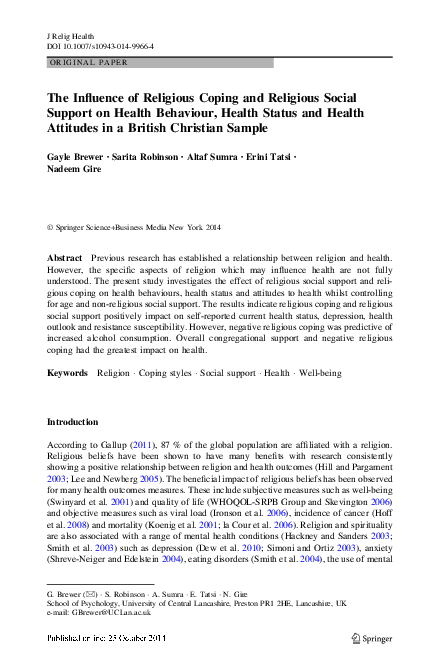 (PDF) The Influence of Religious Coping and Religious Social Support on ...