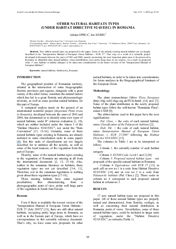 (PDF) Other natural habitats types (under Habitat Directive 92/43/EEC) in Romania Sarbu Ion