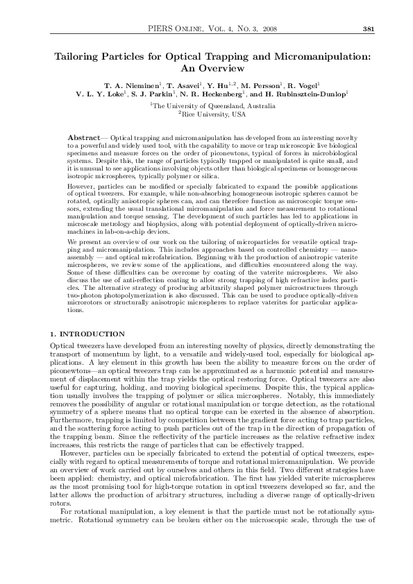 (PDF) Tailoring Particles for Optical Trapping and Micromanipulation