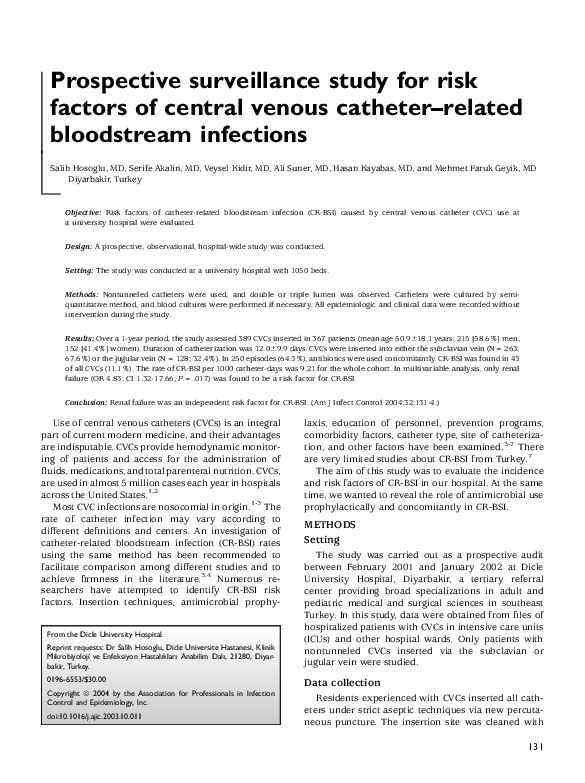 (PDF) Prospective surveillance study for risk factors of central venous ...