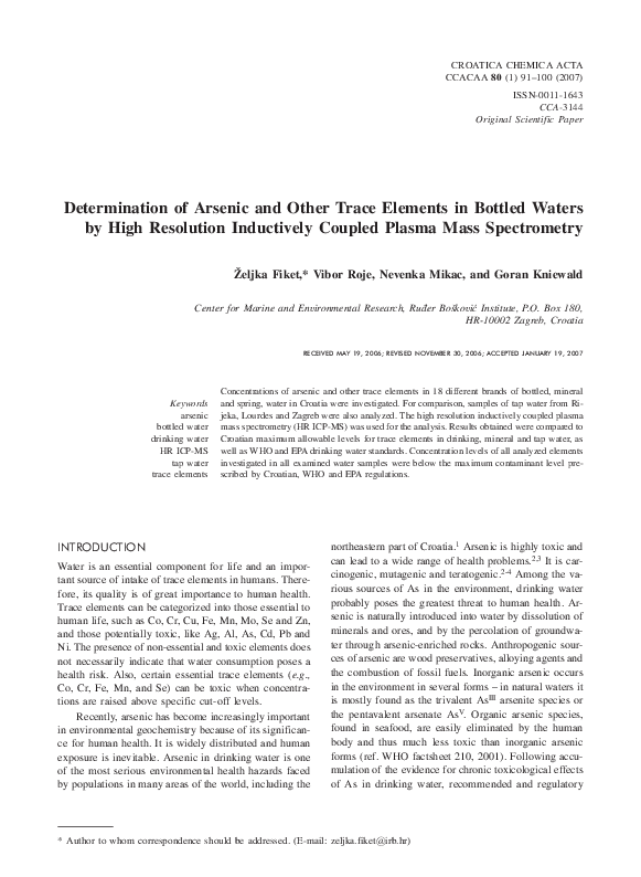 (PDF) Determination of Arsenic and Other Trace Elements in Bottled ...