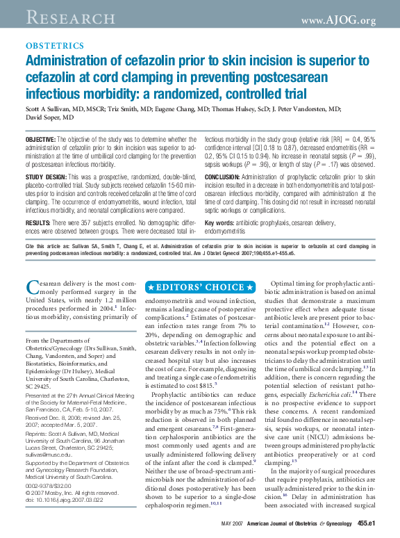 (PDF) Administration of cefazolin prior to skin incision is superior to ...
