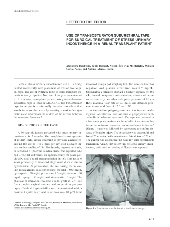 (PDF) Use of transobturator suburethral tape for surgical treatment of ...