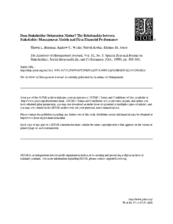  PDF Does Stakeholder Orientation Matter The Relationship Between Stakeholder Management 