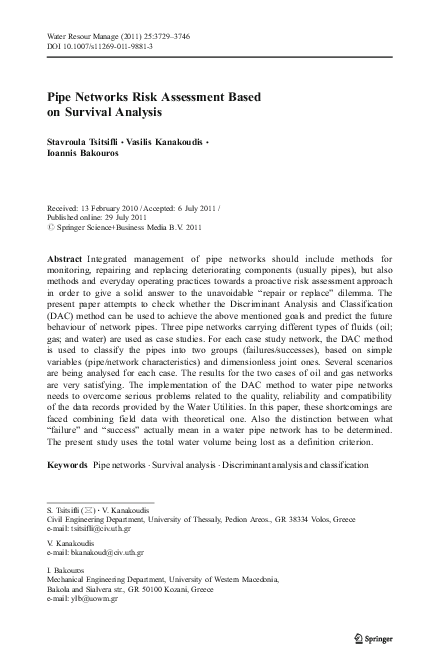 (PDF) Pipe Networks Risk Assessment Based on Survival Analysis