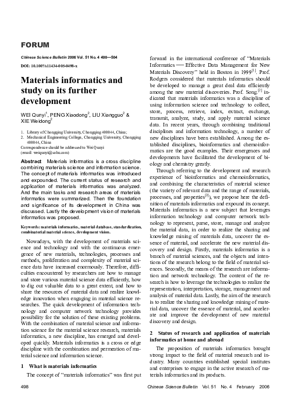 (PDF) Materials informatics and study on its further development