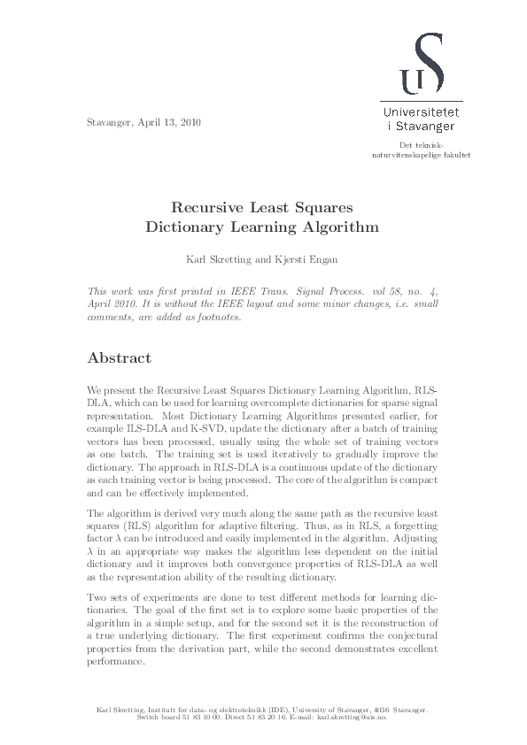 (PDF) Recursive Least Squares Dictionary Learning Algorithm