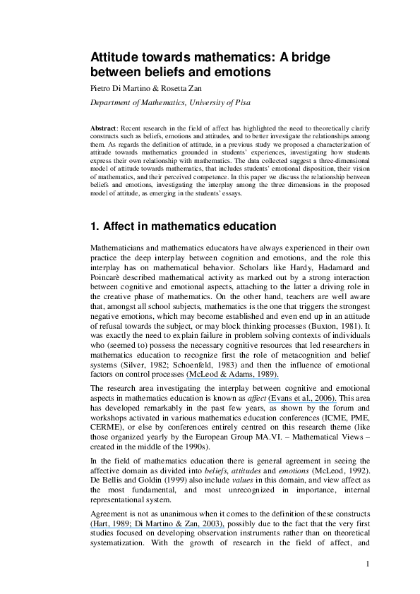 (PDF) Attitude towards mathematics: a bridge between beliefs and emotions